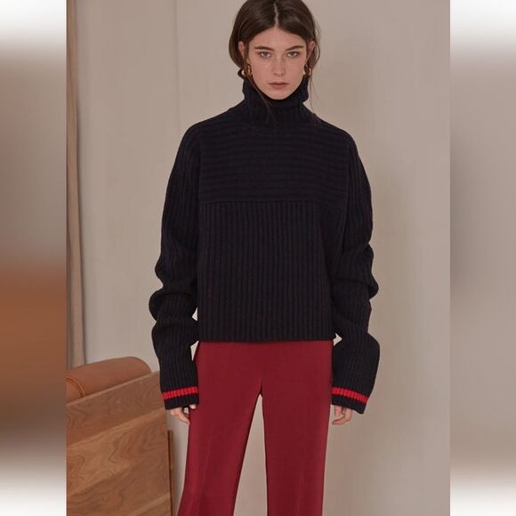 LOEIL Navy Blue Jupe Ribbed Drop Shoulder Turtleneck Wool Sweater Fits Sz Small - Picture 1 of 15
